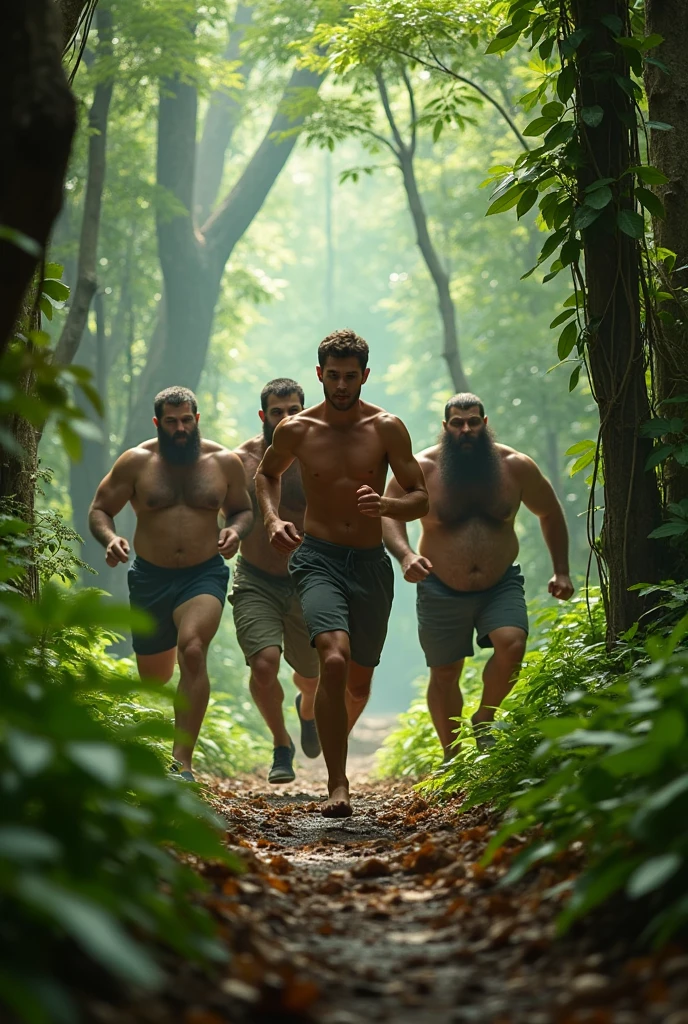 handsome young man with a beautiful white face, smooth skin, slim build, short hair, shirtless, being chased by 4 ugly big men with beards in the jungle