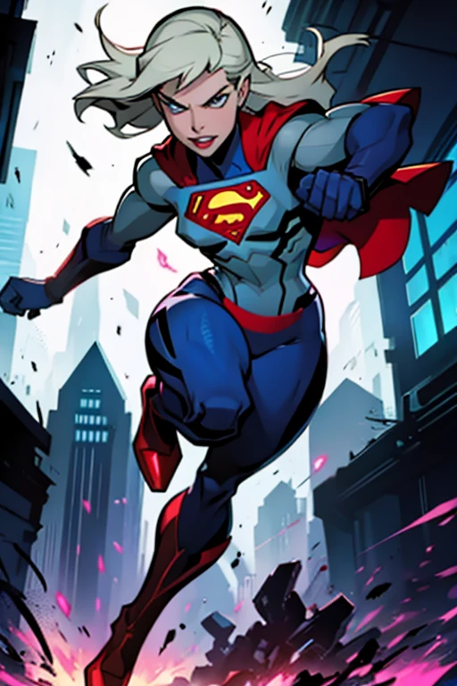 Supergirl fighting Ultron in the style of the JLU animated series