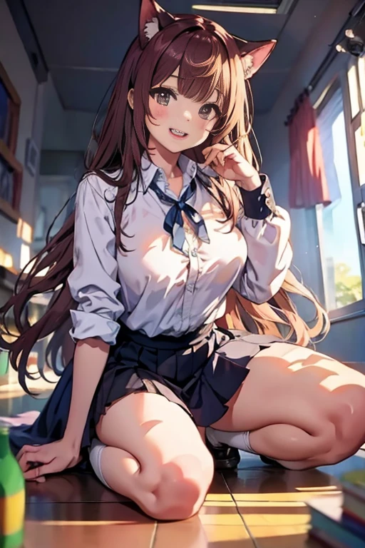 One person, Height: 165cm,Chestnut Hair, semi-long,Pompadour Bangs, Forehead,Half Up,Large Breasts, smile, Droopy eyes, perspective, High School Uniform,Anime Style, Nice body,Knee-length skirt,Healthy sex appeal,