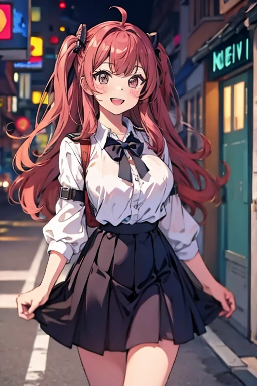 One person, Height: 165cm,Chestnut Hair, semi-long,Pompadour Bangs, Forehead,Half Up,Large Breasts, smile, Droopy eyes, perspective, High School Uniform,Anime Style, Nice body,Knee-length skirt,Healthy sex appeal,