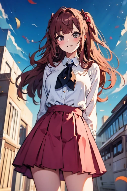 One person, Height: 165cm,Chestnut Hair, semi-long,Pompadour Bangs, Forehead,Half Up,Large Breasts, smile, Droopy eyes, perspective, High School Uniform,Anime Style, Nice body,Knee-length skirt,Healthy sex appeal,