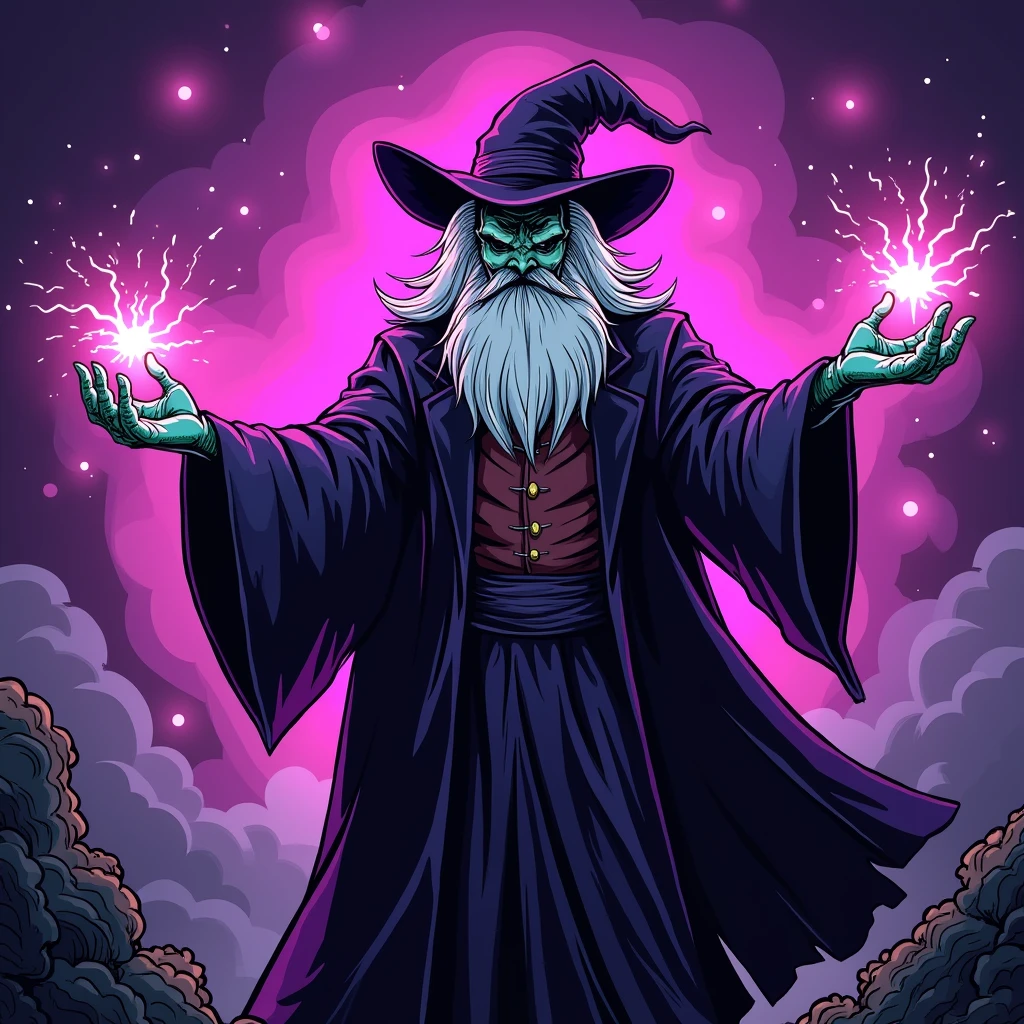 "In American comic style, a villainous wizard with a purple background, magical effects."