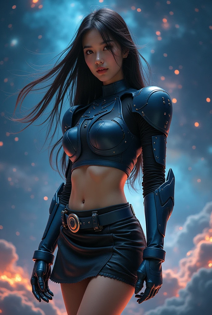 Master Class Portrait Photography,A 25-year-old Japanese girl,Wearing(Gundam、mini skirt、crop top)armor and boots,one end(long hair),Elegant look,Any posture,Space Background