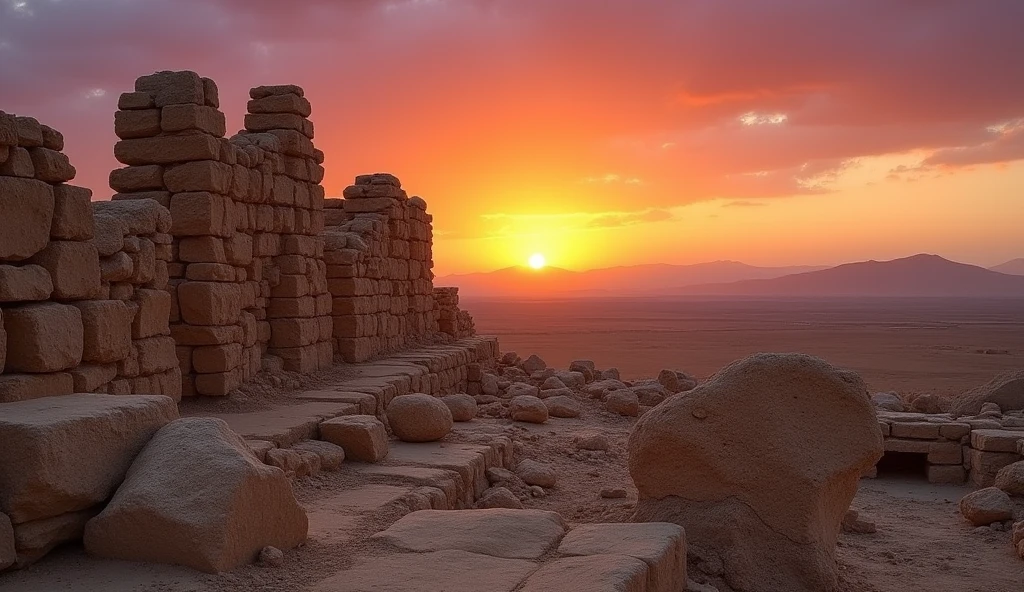a final image showing the site of ancient jericho today, with ruins and the desert in the background. a dramatic sunset illuminates the scene, with shades of orange and purple, symbolizing the passage of time and the historical importance of the event.