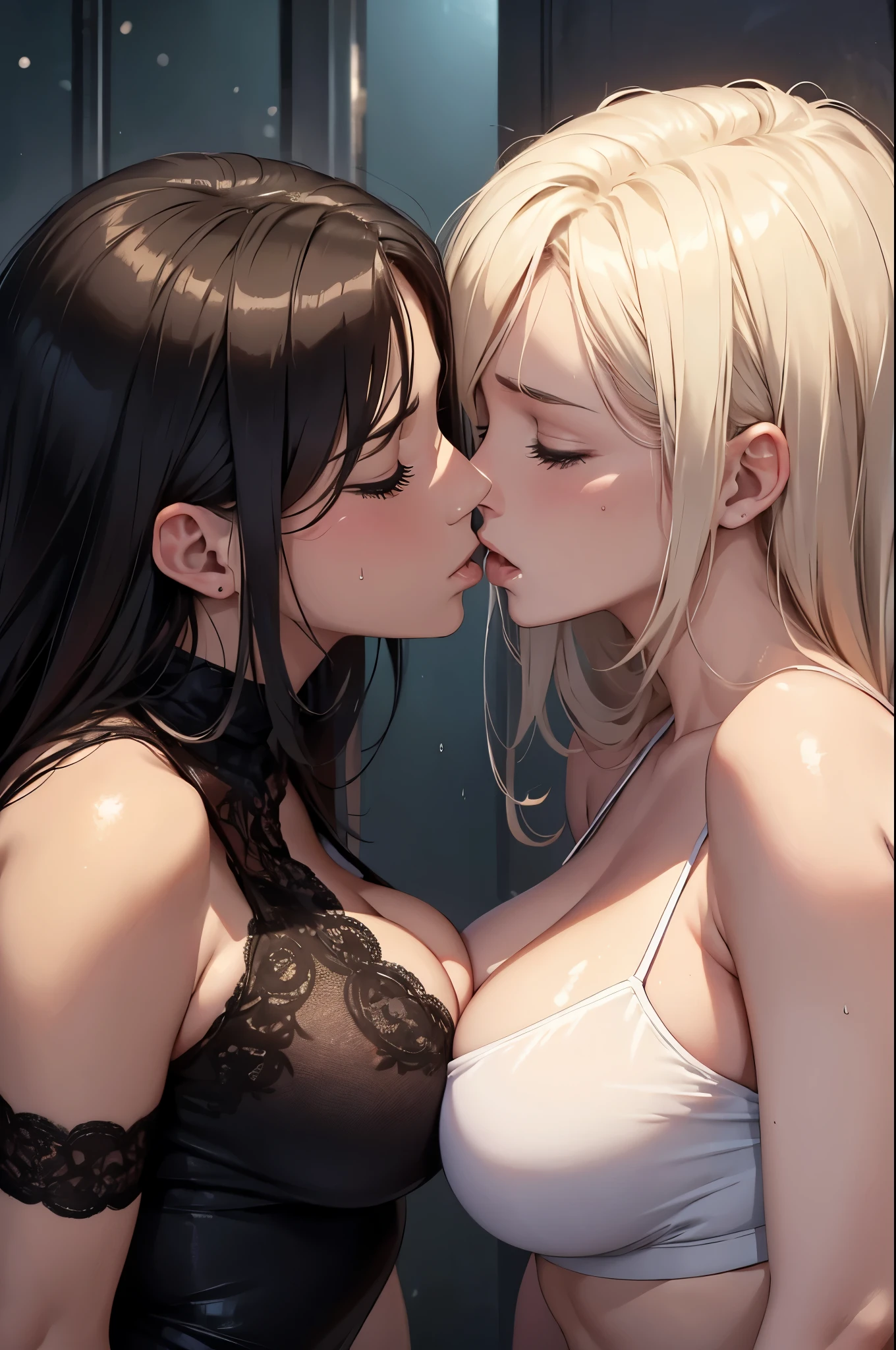 2 sexy anime girls, opening their mouth, sticking their tongue out, naked, cum on their face