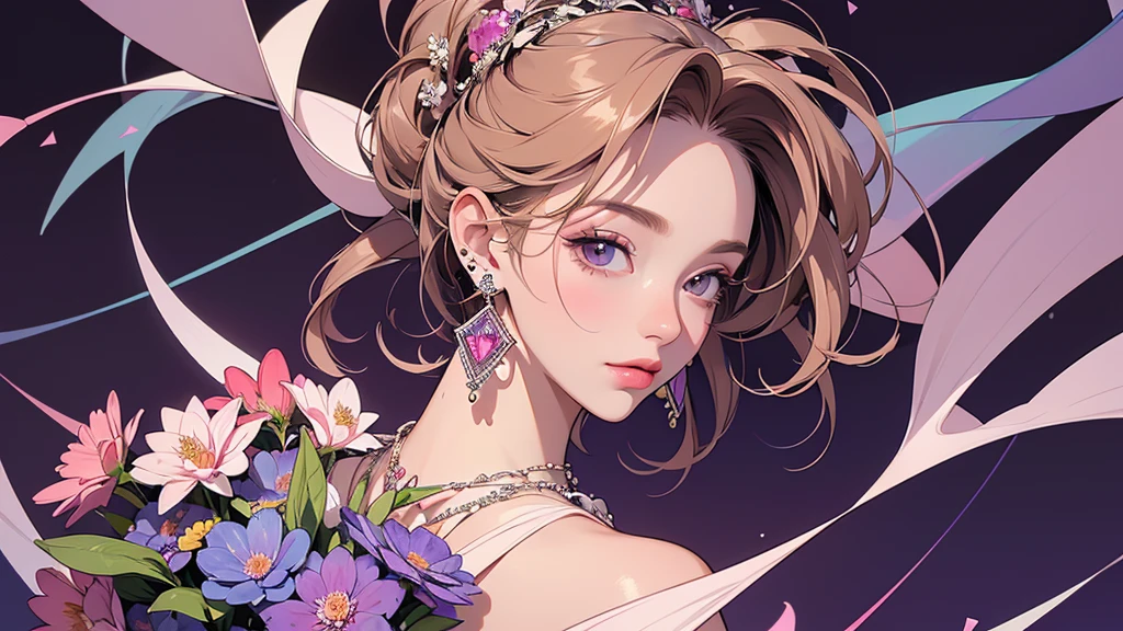 32K, 最高quality, 最高masterpiece, (ultra-Detailed Background, Detailed Background), High resolution, Super detailed, Very detailedな, 1 personの, (bouquet:1.3), (Tangled:1.2), (Geometric:1.2),(colorful),(masterpiece, quality, best quality, Official Art, Beautiful and beautiful:1.2), (1 person:1.3), Very detailed,(colorful:1.1)(Flowers:1.3),Most detailed,(Tangled:1.2), whole body, (Abstract background:1.3), (Skin glows), (Many colors:1.4), ,(Earrings Jewelry:1.5), Pale purple background, It's imaginative., Chestnut Hair, Updo,