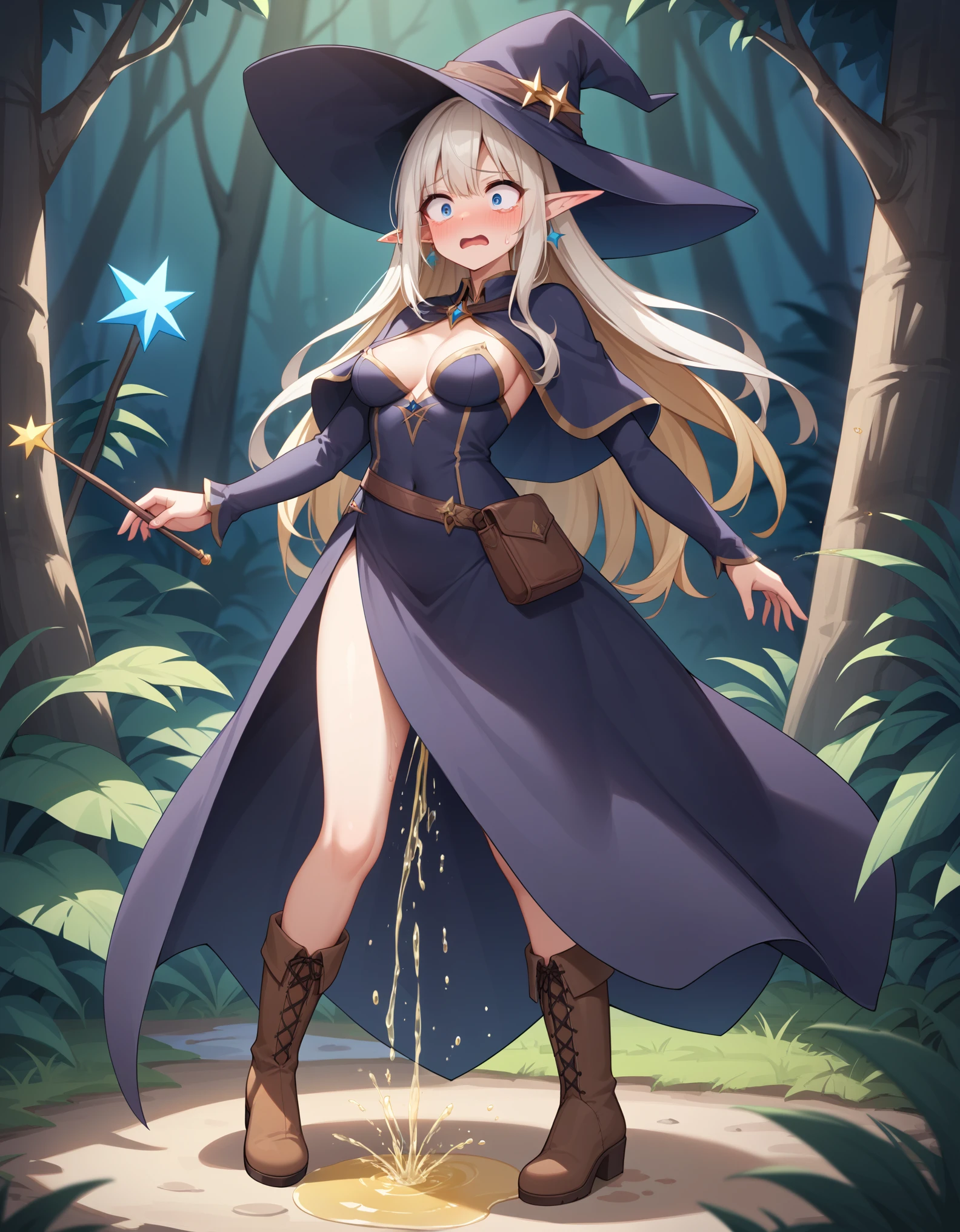 Masterpiece, best quality, highres, ultra-detailed, 1girl, earrings, elf, long hair, blonde hair, pointy ears, solo, blue eyes, earrings, hair accessories, white hair, embarassed, shocked, shy, blush,fear, scared, medium breasts, capelet, wearing witch hat, witch dress,witch robes,  wearing boots, long sleeves, holding wand, magic wand, standing, outdoor, standing, jungle, night, dark, fullbody, peeing, pee, pee stream, puddle of pee under feet, pee stain, dirty clothes because pee, yellow pee, wetting, wetting self
