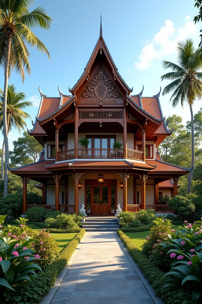 Design a two-story house in Thai style mixed with European.