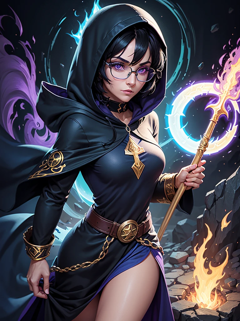 ((high resolution)), athletic, defined muscles, ((pale skin)), freckled, brunette teen, with blue eyes, curly pixie haircut, ((large breasts)), as a sorceress, wearing flowing robes, hooded cape, in a castle
