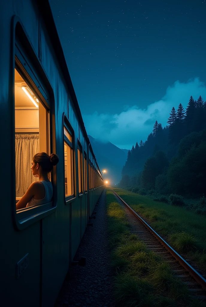  A view  of Night time train traveling near window seat looking nature 