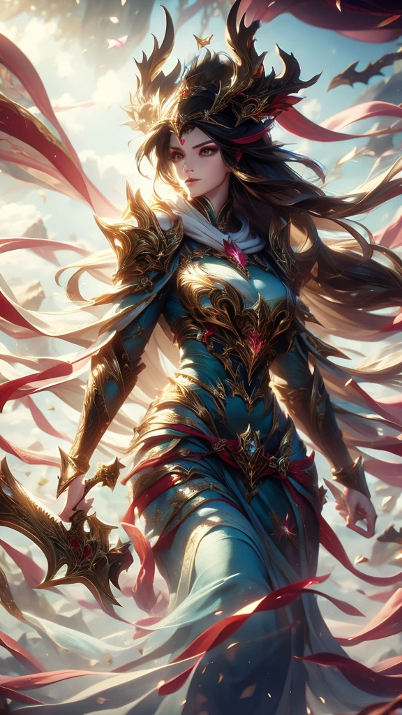 On the coast of the mountain,beautiful dragon girl,long hair shawl,Large Breasts,Wearing fairy clothes and long sword
