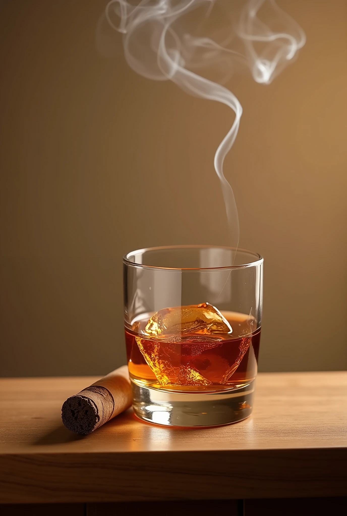 Show a short glass of neat whiskey, against a beige background and a cigar outside in the air with smoke on the cigar