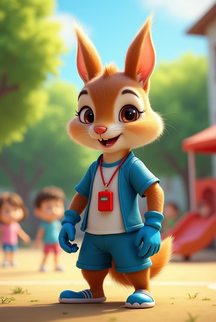 Realistic young squirrel wearing a PE teacher uniform and hand gloves