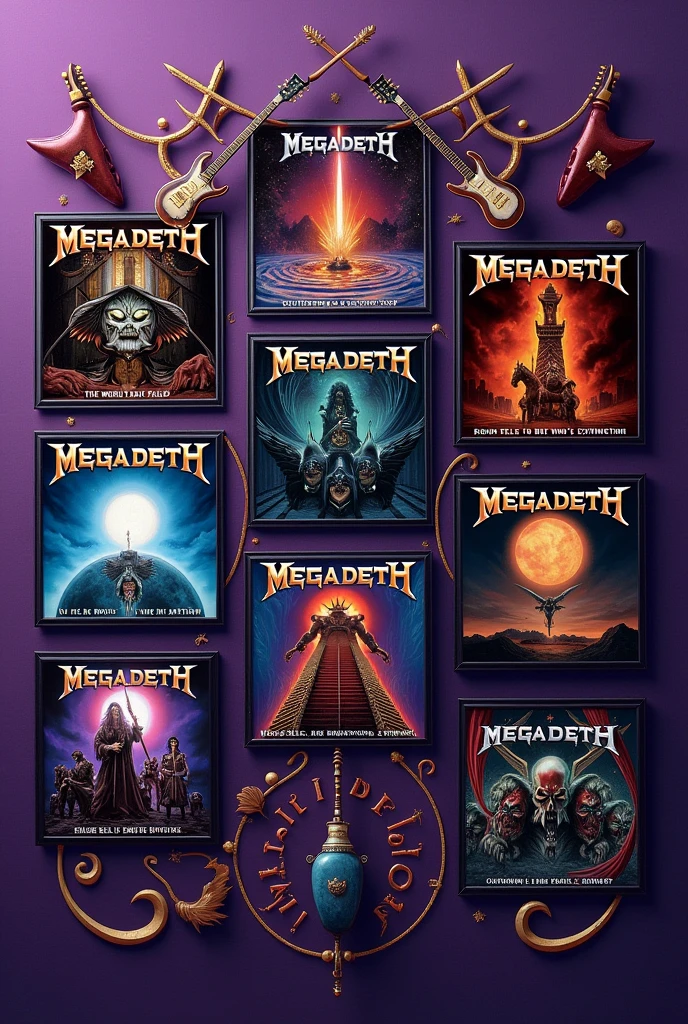 I want you to generate a purple wallpaper with images of the following Megadeth albums on top. (The World Needs a Hero, The System Has Failed, Countdown to Extinction, Rust in Peace, Peace Sells...But Who's Buying?, So Far, So Good... So What!, Killing Is My Business... And Business Is Good