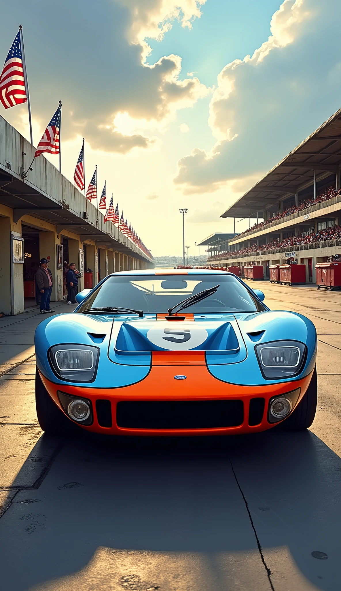 A majestic Ford GT40 sits proudly on a vintage racing grid, bathed in warm sunlight that highlights its sleek, curvaceous lines. Delicate brushstrokes bring to life the intricate details of the iconic sports car: chrome trim gleams, rivets sparkle, and the distinctive nose spoiler takes center stage. The surrounding tarmac glistens with subtle moisture, as if kissed by a gentle morning dew.