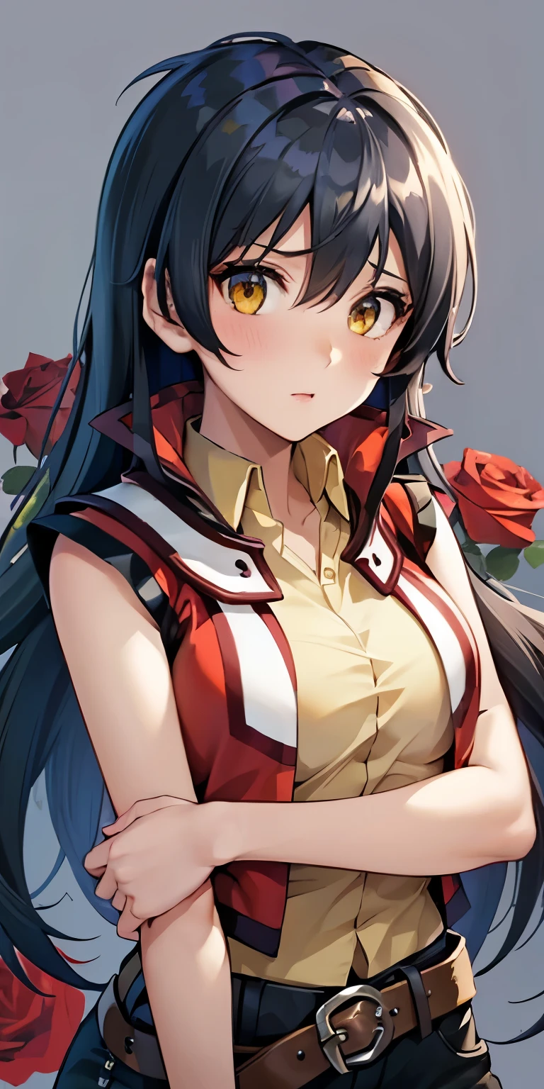 1 Female,High definition,high resolution,Ultra-realistic,8K, hmrei, long hair, black hair,red jacket,yellow eyes, collared shirt, yellow shirt, sleeveless, belt, black shorts,European,sexy,Upper body close-up,Photographed from the front,Dynamic Angles,private teacher,blush, medium tits,4k, high resolution, detailed face,((upper body)), red roses background 