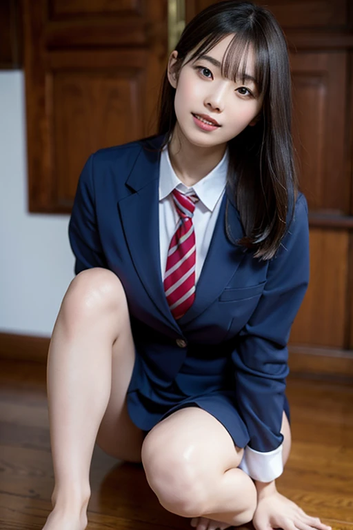 bangs,(Large Breasts:1.2),(Highest quality,masterpiece:1.2),One person,One person,alone,Fair skin,8k,Ultra-high resolution,Super detailed,Highest quality,Look down at the viewer,Perfect lighting,flat light,super high quality,Ultra-high resolution,masterpiece,Realistic,Detailed face,Perfect Anatomy,School,school uniform、Various gravure poses、Slender body、Young face、smile、Sweating、Flushed Cheeks、whole body、完璧なブレザーのschool uniformを着てください、Beautiful feet、