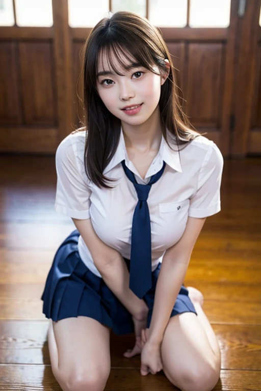 bangs,(Large Breasts:1.2),(Highest quality,masterpiece:1.2),One person,One person,alone,Fair skin,8k,Ultra-high resolution,Super detailed,Highest quality,Look down at the viewer,Perfect lighting,flat light,super high quality,Ultra-high resolution,masterpiece,Realistic,Detailed face,Perfect Anatomy,School,school uniform、Various gravure poses、Slender body、Young face、smile、Sweating、Flushed Cheeks、whole body、完璧なブレザーのschool uniformを着てください、Beautiful feet、