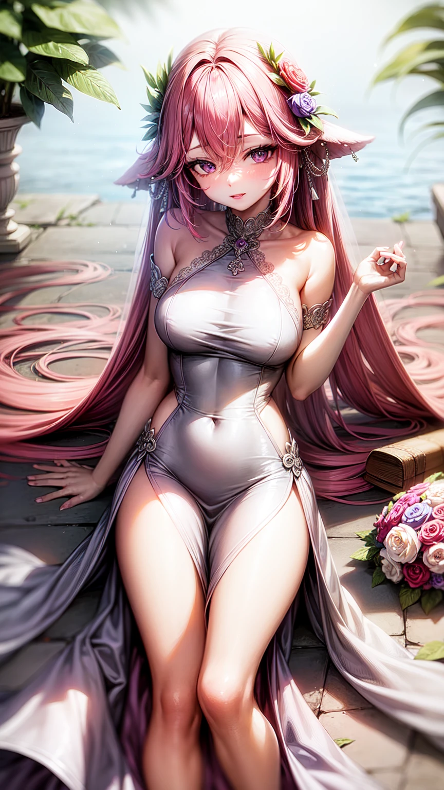 purple eyes,Wedding dress,long skirt,pink hair