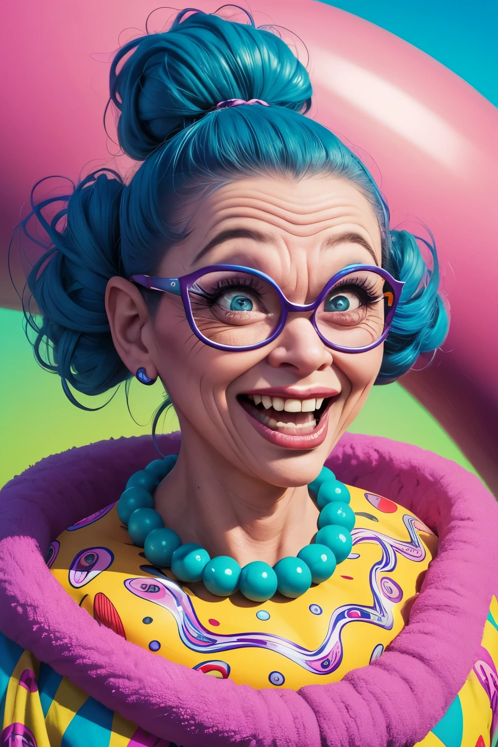 A funny, ugly woman with a cartoonish, exaggerated facial expression, oversized features, wacky hairstyle, bright colors, humorous, whimsical, vibrant, quirky, surreal, digital art, highly detailed, 4k, photorealistic