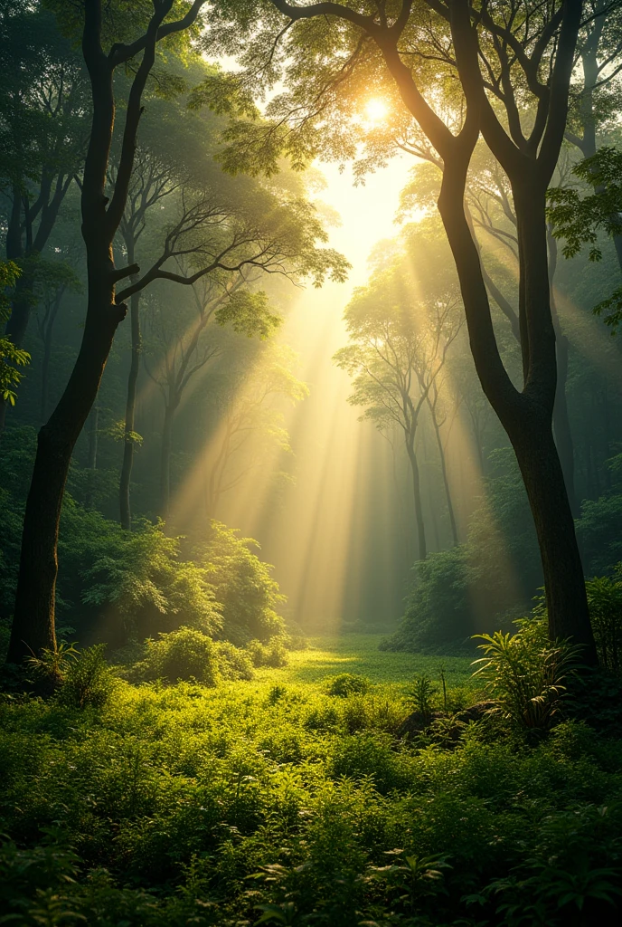 (Photorealism 1.2) forest background dramatic view cinematography view sunlight silhouette green grass Malaysia forest rainforest