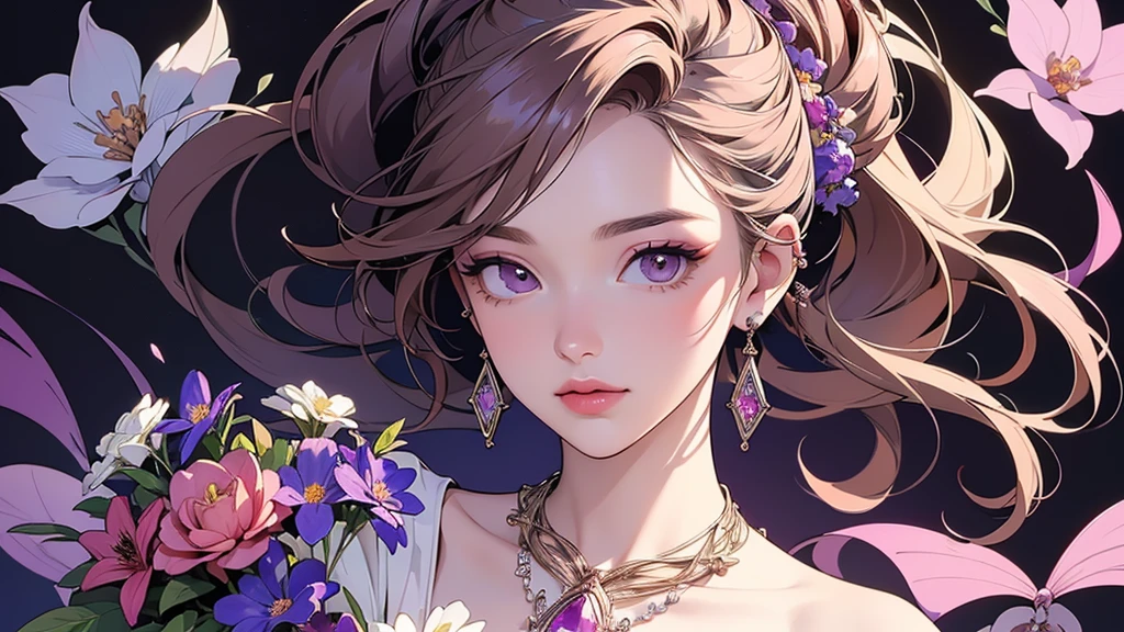 32K, 最高quality, 最高masterpiece, (ultra-Detailed Background, Detailed Background), High resolution, Super detailed, Very detailedな, 1 personの, (bouquet:1.3), (Tangled:1.2), (Geometric:1.2),(colorful),(masterpiece, quality, best quality, Official Art, Beautiful and beautiful:1.2), (1 person:1.3), Very detailed,(colorful:1.1)(Flowers:1.3),Most detailed,(Tangled:1.2), whole body, (Abstract background:1.3), (Skin glows), (Many colors:1.4), ,(Earrings Jewelry:1.5), Pale purple background, It's imaginative., Chestnut Hair, Updo,