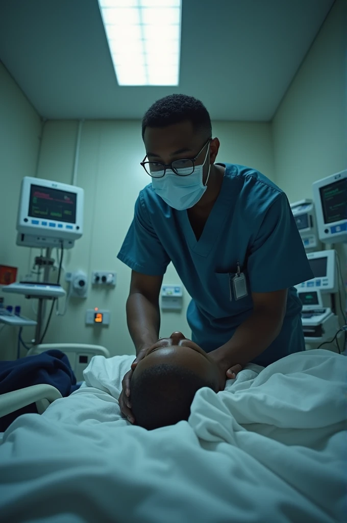 Perform a doctor doing CPR unsuccessfully (the camera is at the foot of the bed)
The patient is Black