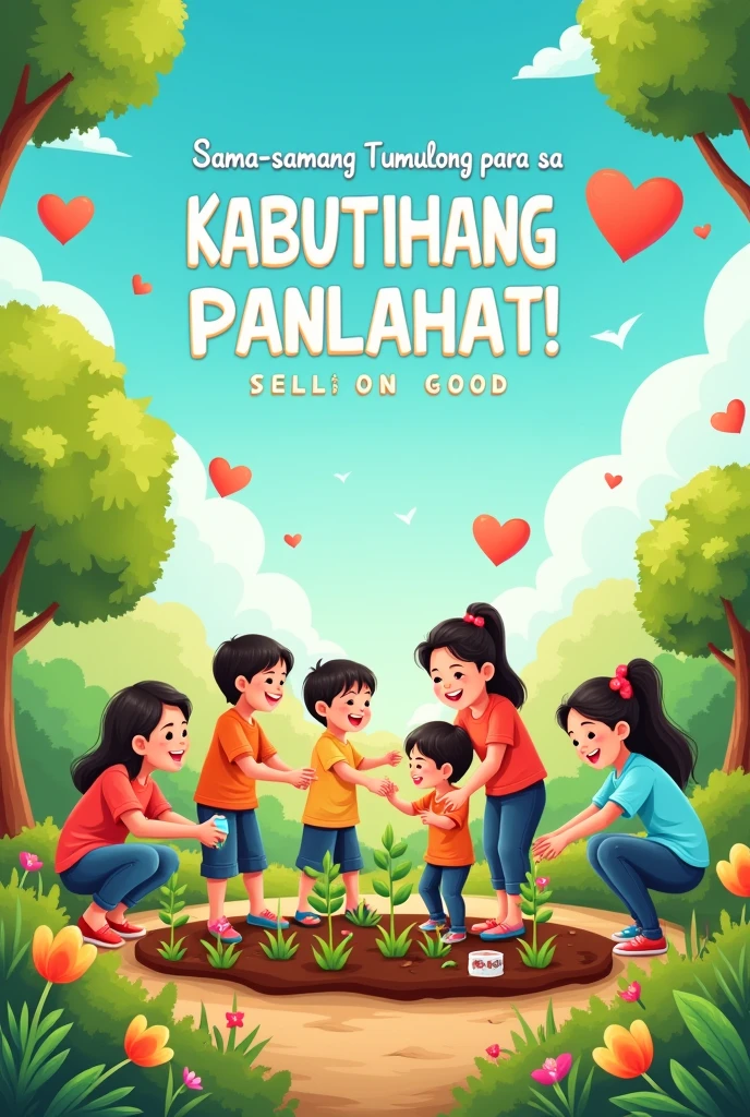 Make me a poster about kabutihang panlahat with a slogan about kabutihang panlahat make it easy to draw and make the slogan tagalog make it 2D