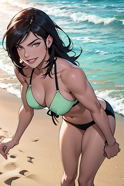 Laura Pausini in a bikini at 50 years old smiling on the beach