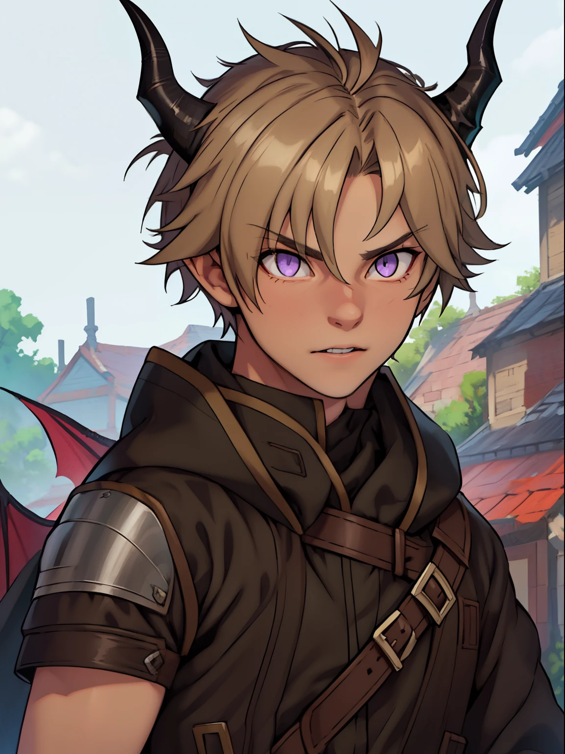 1boy, young, alone, 16 year old, wanderer's outfit, dragon, clean eyes, purple eyes, sharp nails, human shape, dragon heart, short hair, blond, horns on head, better detail of the horns,  more masculine details on the face, better image quality, better detail in the hands, better detail in the eyes