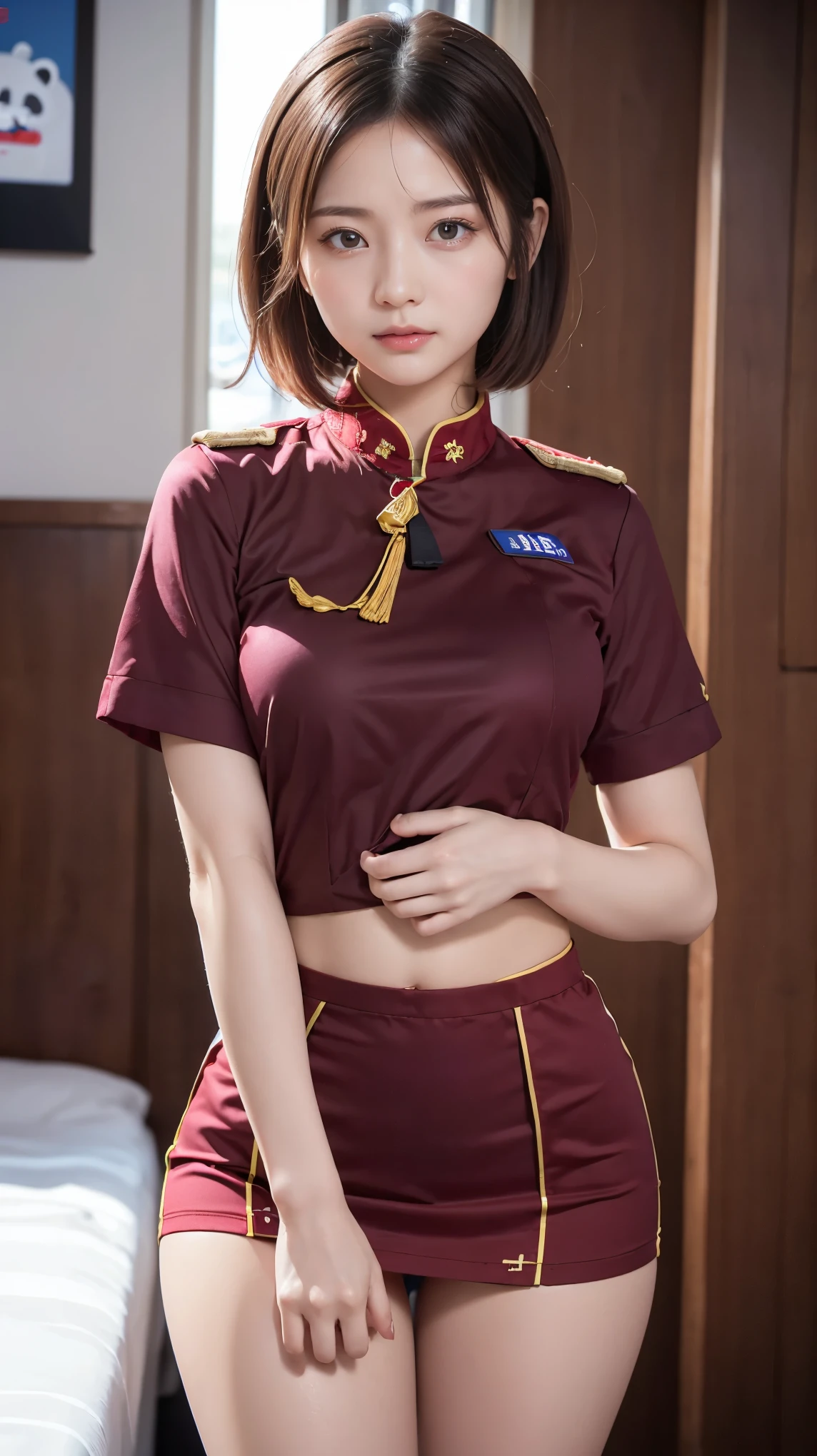 Glowing Skin, Moisturizing lips, Highly detailed skin, (Beautiful face and eyes in every detail:1.2、Professional photography techniques), One person、Slender body line、Beautiful breasts、((Tight waist:1.2))、Small beautiful butt、Thin thighs、Slim Belly、sexy、Cute Face、Beautiful Eyes、Spotlight, Professional Lighting, (Upper Body:0.6), (((Sichuan Airlines stewardess:1.3、Red Uniform:1.2))), White apron with panda pattern, ((Chinese Beauty, Sichuan Beauty:1.2, Baby Face:1.2, Idol Face)), Beautiful white skin, Highest quality、Highest quality、Masterpiece、Ultra-detailed、Realistic:1.37、The right move、Beautiful Hair、Short Hair、Perfect Anatomy