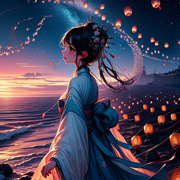 official art, unity 8k wallpaper, ultra detailed, beautiful and aesthetic, masterpiece, best quality, (Fire, water, ribbon, paper cutting), (fractal art:1.3) 1girl,building, (solo:1.5), chinese_clothes, sky, outdoors, wide_sleeves, black_hair, sunset, (falling_leaves:1.2), antern, (paper_lantern:1.5),blue sky, (outdoors:1.5),hanfu, (rainbow-candy:0.8), (style-swirlmagic:0.8),