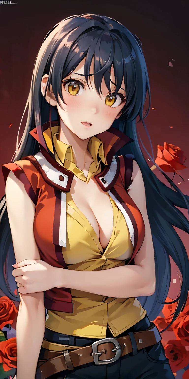 1 Female,High definition,high resolution,Ultra-realistic,8K, hmrei, long hair, black hair,red jacket,yellow eyes, collared shirt, yellow shirt, sleeveless, belt, black shorts,European,sexy,Upper body close-up,Photographed from the front,Dynamic Angles,blush, medium tits,4k, high resolution, detailed face,((upper body)), red roses background ,big tits, cleavage 