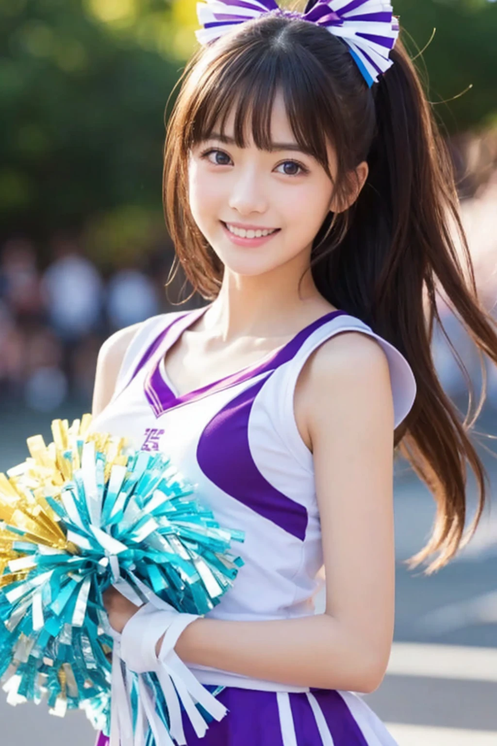 masterpiece、超High resolution、She is so cute and young, like a 15-year-old cute idol.々A beautiful 18-year-old Japanese girl、Gentle and cute、A kind smile She's a cheerleader、Large Bust Bikini type cheerleading uniform A design that clearly shows off the cleavage Cheering at a basketball game whole body、RAW Photos、Genuine、High resolution、Life、No copyright notice