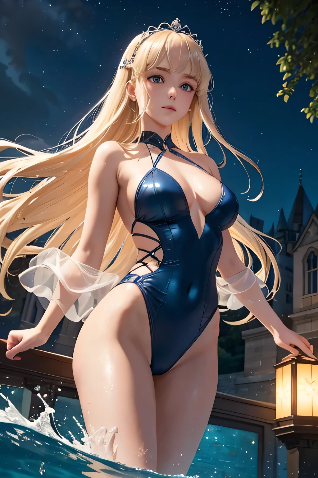 "Under the moonlit sky in Albion’s royal palace, Eleanor of Albion swims elegantly in a grand, gothic-inspired pool. The stone arches and towering spires of the palace are silhouetted against the night, while the water is illuminated by soft, ethereal lights beneath the surface, creating a magical atmosphere. Eleanor wears a deep blue, one-piece swimsuit with silver accents, mirroring the night sky above. Her long (((blonde))) hair flows behind her as she glides through the water, her movements as graceful as they are regal. The gentle glow of lanterns and the reflection of the stars on the water add a mystical charm to the scene, highlighting the enchanting beauty of Albion’s princess."