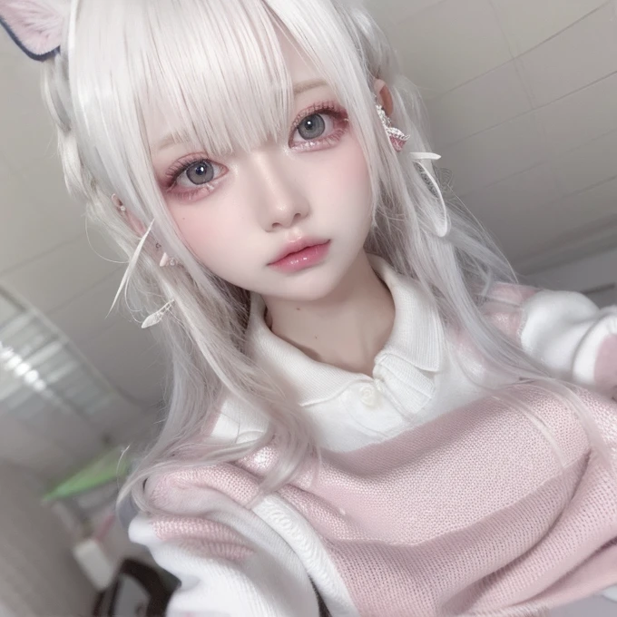 （（Best quality））， （（masterpiece））， （detail：1.4）， Beautiful Cyberpunk Japanese Female Image，，(Take full-body photos)，nffsw（High Dynamic Range），Ray Tracing，nvidia RTX，Super Resolution，Unreal 5，Subsurface scattering，PBR Textures，Post-Processing，Anisotropic filtering，Depth of Field，Maximum clarity and sharpness，Multi-layered textures，Albedo and Specular Maps，Surface Shading，Mitsu - Accurate simulation of material interactions，Perfect proportion，Octane Rendering，Two-color light，Large aperture，Low ISO，White Balance，Three rules、8K raw data、Beautiful Crimson Eyes，Off-shoulder clothing，outstanding student，Pink gradient on pure white hair，Delicate face and eyes，Round Face,　Drooping eyes,　Long eyelashes，Blush Blush，Fine and fluffy hair，lips，pure，Cute face，Sweet girl，Artistic sense，Casual wear，advanced sense，petal，snowflake,　Wild Rose Snow Background,　Beautiful hair accessories，Waist-length hair，Hair blowing in the wind，Snow White cat ears,　curly