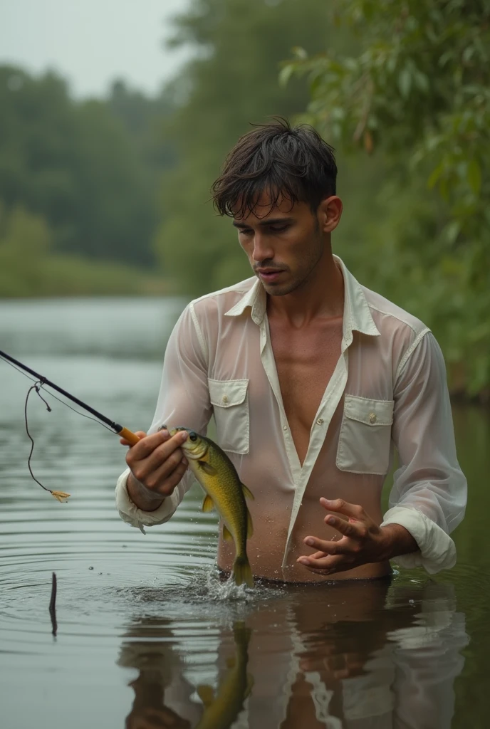 Young, beautiful, handsome, white, skinny, angelic, shirtless, Fishing for fish in a beautiful catata swamp.  A handsome man, with a wet, transparent shirt, catching fish in his hand.  A beautiful man.