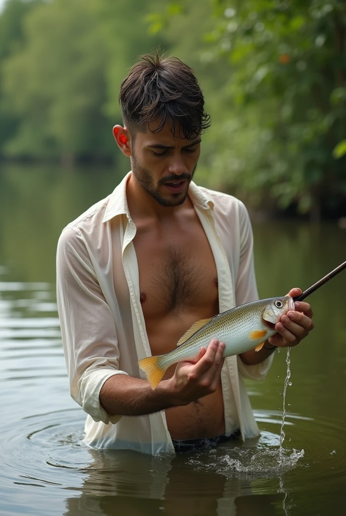 Young, beautiful, handsome, white, skinny, angelic, shirtless, Fishing for fish in a beautiful catata swamp, a man in a beautiful, wet, transparent shirt catches a fish in his hand.