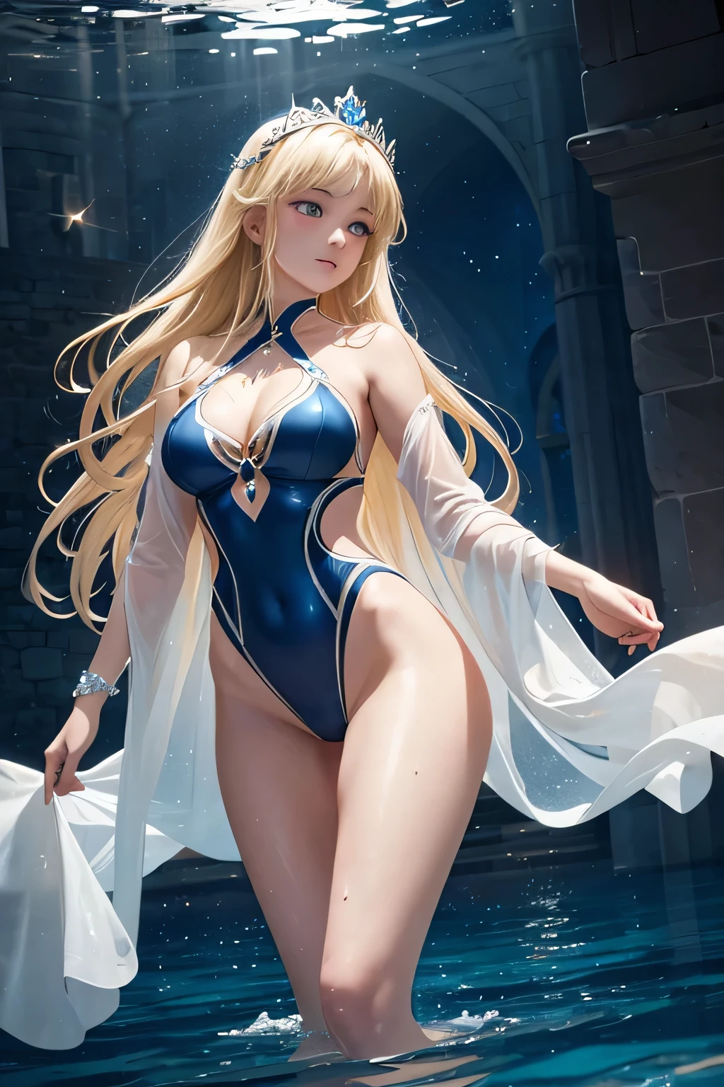 "Under the moonlit sky in Albion’s royal palace, Eleanor of Albion swims elegantly in a grand, gothic-inspired pool. The stone arches and towering spires of the palace are silhouetted against the night, while the water is illuminated by soft, ethereal lights beneath the surface, creating a magical atmosphere. Eleanor wears a deep blue, one-piece swimsuit with silver accents, mirroring the night sky above. Her long (((blonde))) hair flows behind her as she glides through the water, her movements as graceful as they are regal. The gentle glow of lanterns and the reflection of the stars on the water add a mystical charm to the scene, highlighting the enchanting beauty of Albion’s princess."