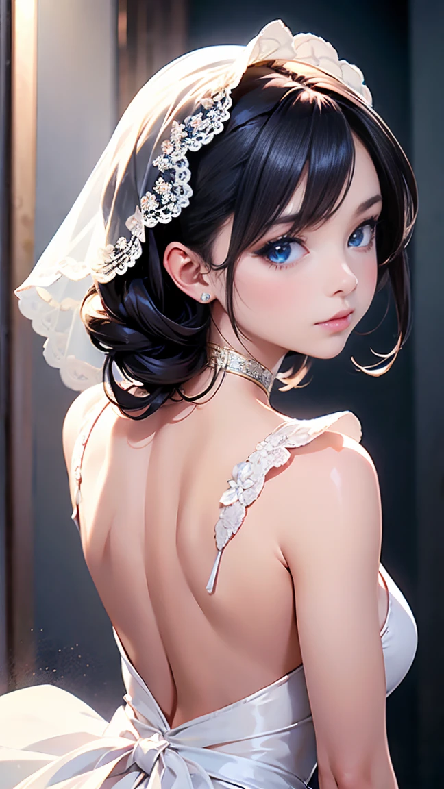 1girl, french twist, backless dress, silk dress, lace, veil, diamond earrings, bouquet, small breasts, realistic:2, more_details:-1, more_details:0, more_details:0.5, more_details:1, more_details:1.5
