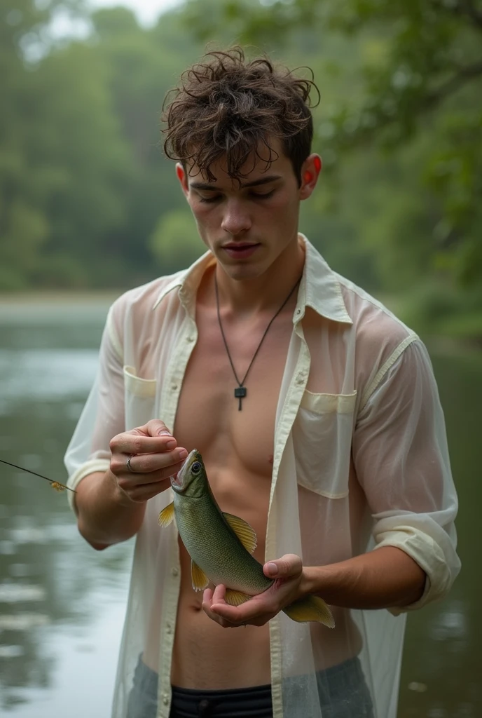 Young, beautiful, handsome, white, skinny, angelic, shirtless, Fishing for fish in a beautiful catata swamp. A handsome man, with a wet, transparent shirt, catching fish in his hand. A beautiful man.