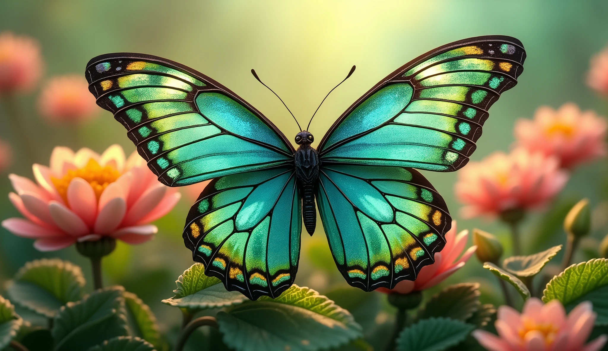 large stunningly beautiful fairy wings Fantasy abstract paint colorful butterfly sits on garden.The insect casts a shadow on nature.The insect has many geometric angles.3d