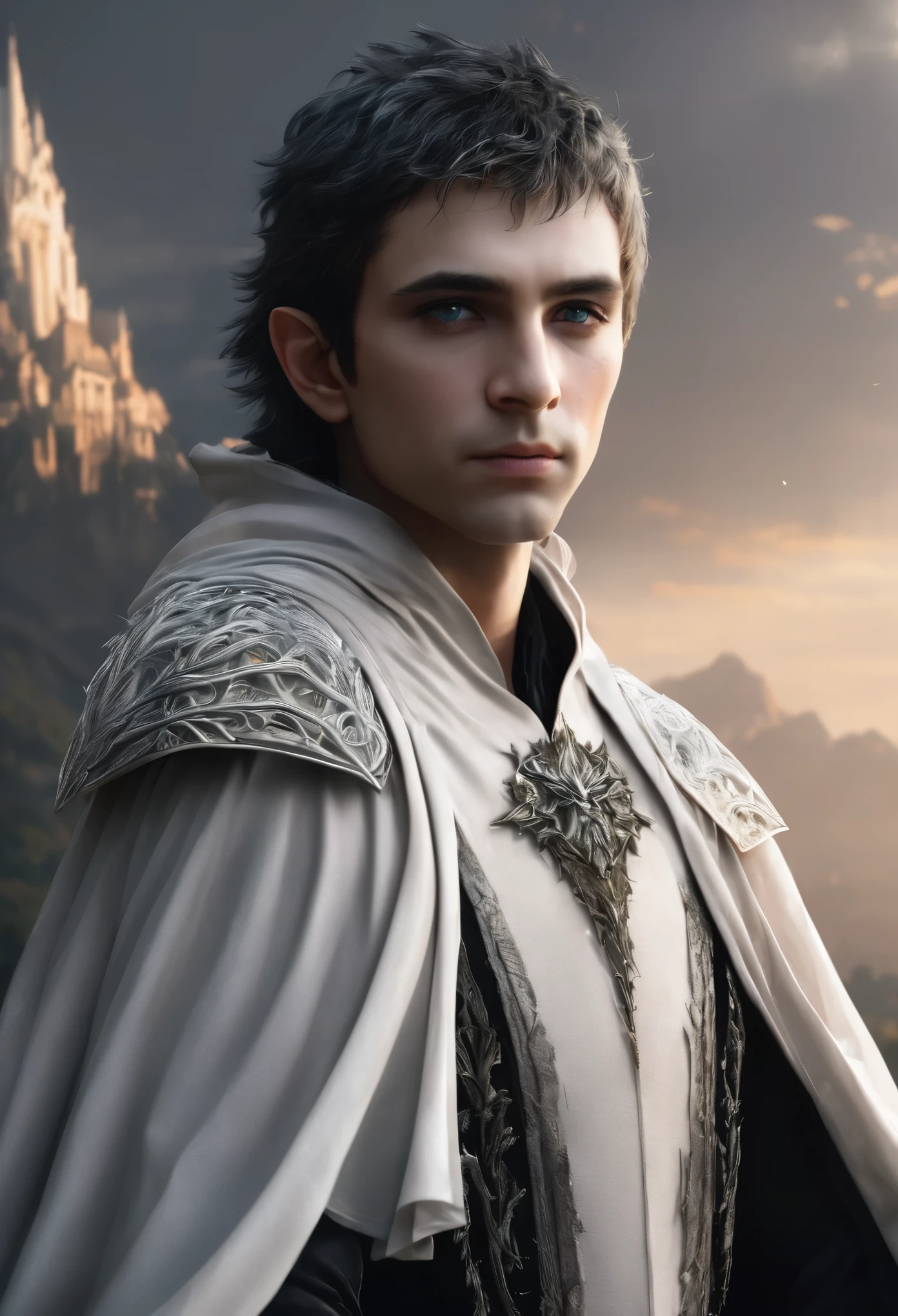 a young half-elf man with a suspicious gaze, small bright flying fairy in his hands, white spiky hair, dark armor, long billowing black cape, intricate detailed character,hyper realistic,award winning digital art,cinematic lighting,dramatic composition,chiaroscuro,muted color palette,dramatic shadows,ethereal atmosphere,(best quality,4k,8k,highres,masterpiece:1.2),ultra-detailed,(realistic,photorealistic,photo-realistic:1.37)