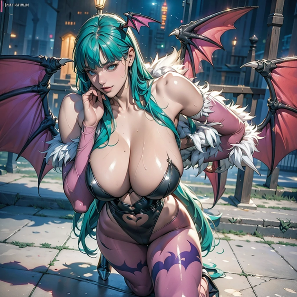  ((Master quality, 8K, masterpiece:1.3, ultra-detailed, high resolution, RAW Photos, detailed Realistic background, cinematic lighting)), Actual, hyperrealistic, photo, HDR, BREAK, detailed eyes, perfect anatomy, perfect hands, perfect legs, BREAK, One person alone, morrigan aensland, beautiful face, (open stance, posing sexy), long hair, ( Round and Stacked Breasts ), Cleavage, Slim waist, smile:1.5, Sweat-soaked skin, BREAK, wearing(  ), A pair of wings on the back, Graffiti art, BREAK, ( Random Angle, full-body, ), dynamic angle, , background(cinematic lighting, depth of field, night city, cyberpunk atmosphere, light particles, , Rooftop)