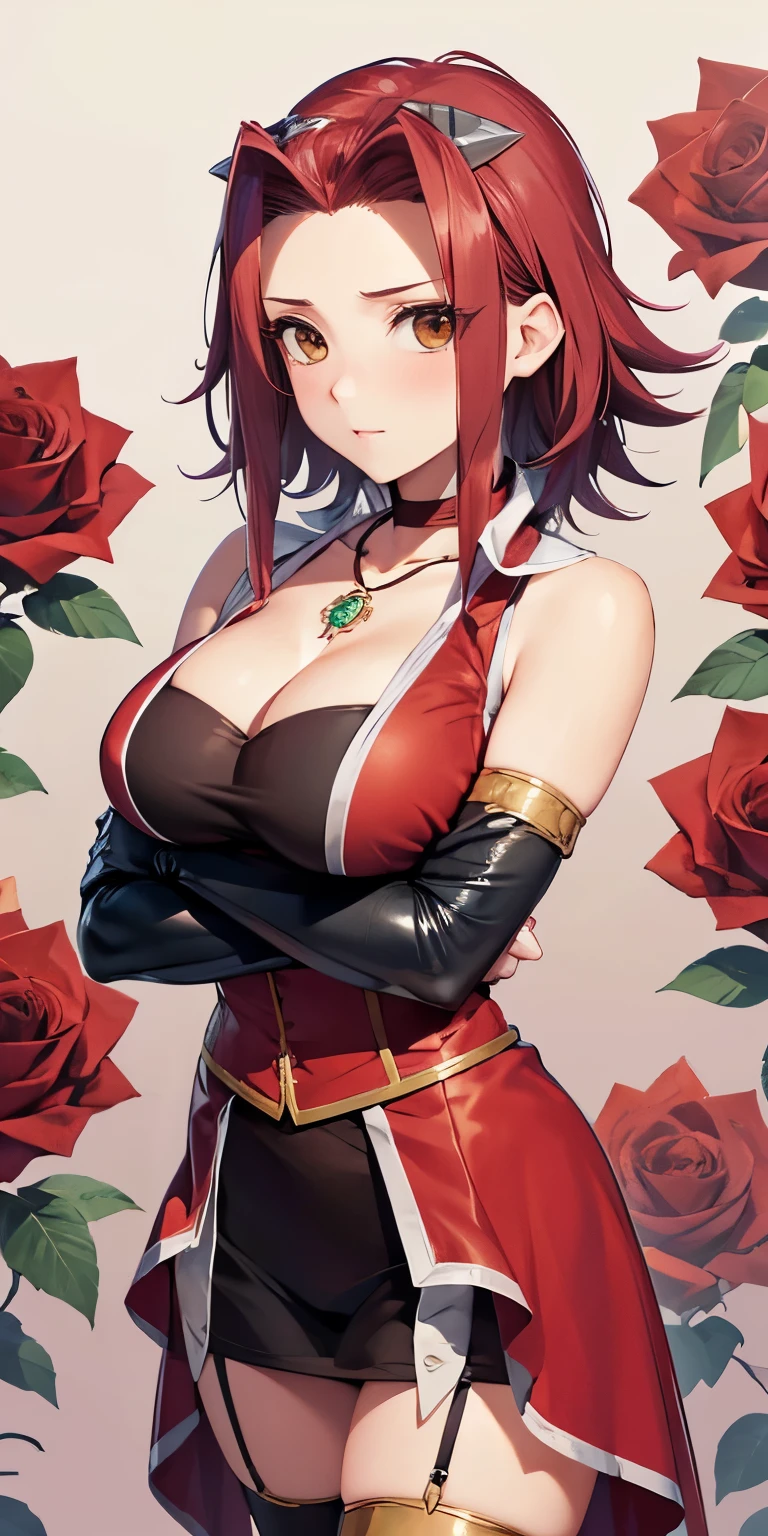1 Female,High definition,high resolution,Ultra-realistic,8K, aki1, izayoi aki, solo, gloves, elbow gloves, breasts, jewelry, cleavage, choker, necklace, black thighhighs, black gloves, large breasts,European,sexy,Upper body close-up,Photographed from the front,Dynamic Angles,private teacher,blush, medium tits,4k, high resolution, detailed face,((upper body)), red roses background
