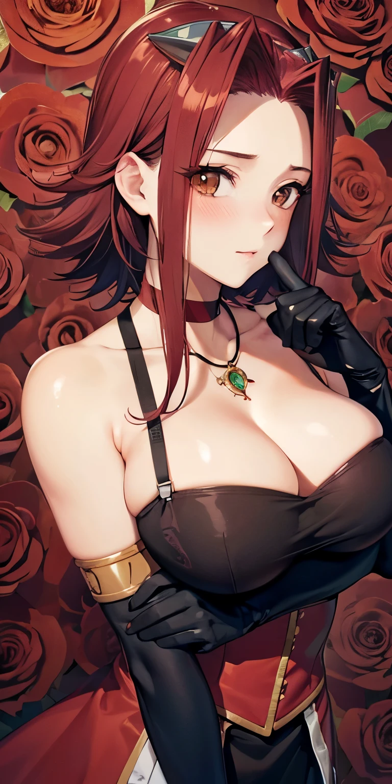 1 Female,High definition,high resolution,Ultra-realistic,8K, aki1, izayoi aki, solo, gloves, elbow gloves, breasts, jewelry, cleavage, choker, necklace, black thighhighs, black gloves, large breasts,European,sexy,Upper body close-up,Photographed from the front,Dynamic Angles,private teacher,blush, medium tits,4k, high resolution, detailed face,((upper body)), red roses background