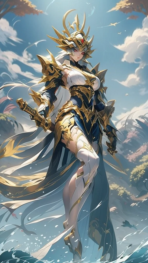 On the coast of the mountain,beautiful dragon girl,long hair shawl,Large Breasts,Wearing fairy clothes and long sword