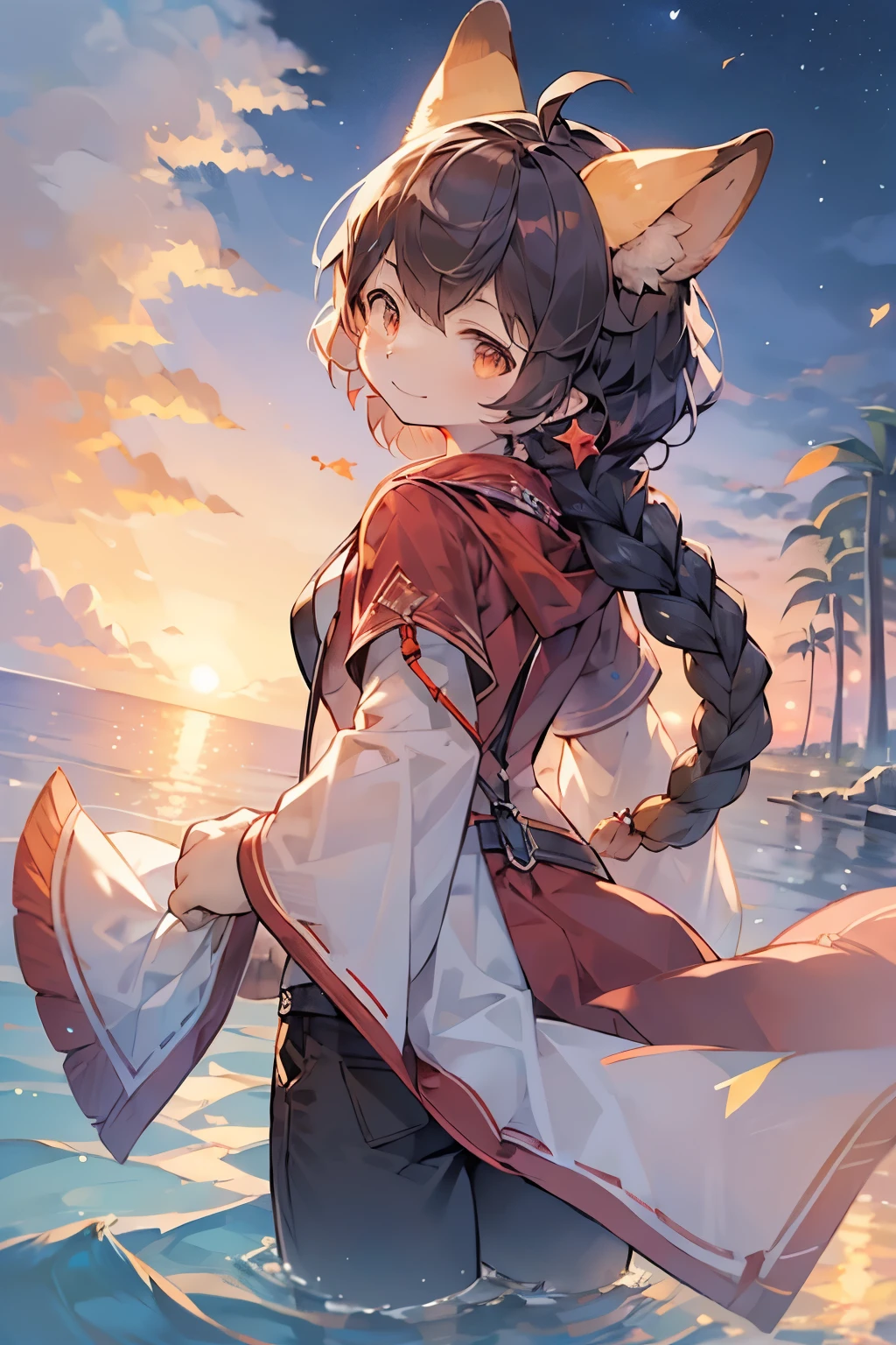 1 Girl, Solitary,Smile, Ocean滩,(Sunset:1.1), Akagi_return(denchi project), Solitary, Star Hair Accessories, Double braid,spark, From the back, look back, huge Sunset,Red floats, , night, Wave, Ocean