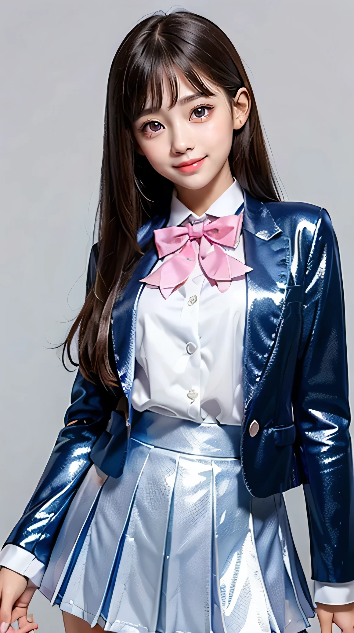 (Very beautiful cute girl), (very cute face:1.2),baby face,13 yo, (sparking crystal clear attractive large eyes), Beautiful eyes, Detailed double eyelids, (smiling), (realistic photograph:1.2), long straight hair,white blouse,
(Super Shiny metallic dark blue blazer and pleated skirt :1.2),school uniform,
pink ribbon bow tie
