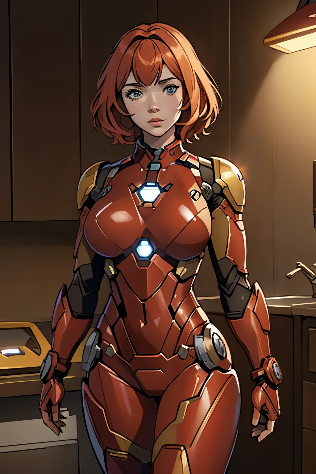 Christina Hendricks as Riri Williams in Iron Man armor: Mark XLIX Rescue Armor, Detailed costume design